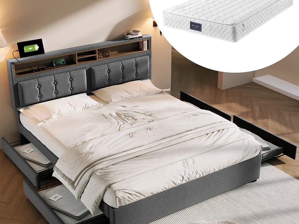 Łóżko z regulowanym wezgłowiem - 140 x 200 cm - 4 szuflady, półki i gniazdo USB C - tkanina lniana - kolor beżowy + Materac