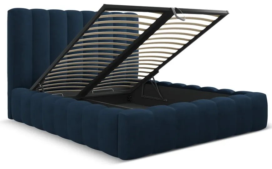 Ciemnoniebieskie tapicerowane łóżko dwuosobowe ze schowkiem i stelażem 200x200 cm Kelp – Micadoni Home