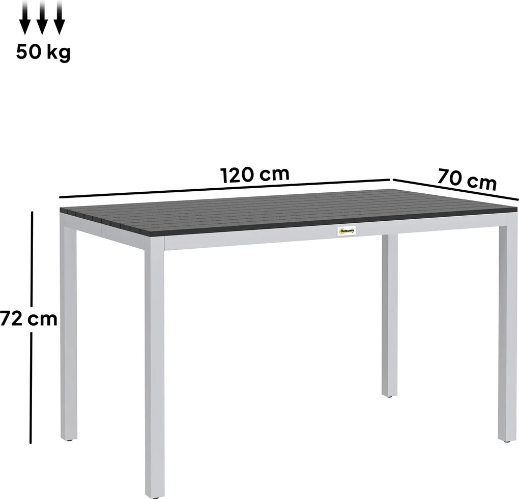 Outsunny Stół ogrodowy z aluminium 120x70 cm, odporny na warunki pogodowe, balkonowy ze wzorem drewna, na 4-6 osób, Czarny