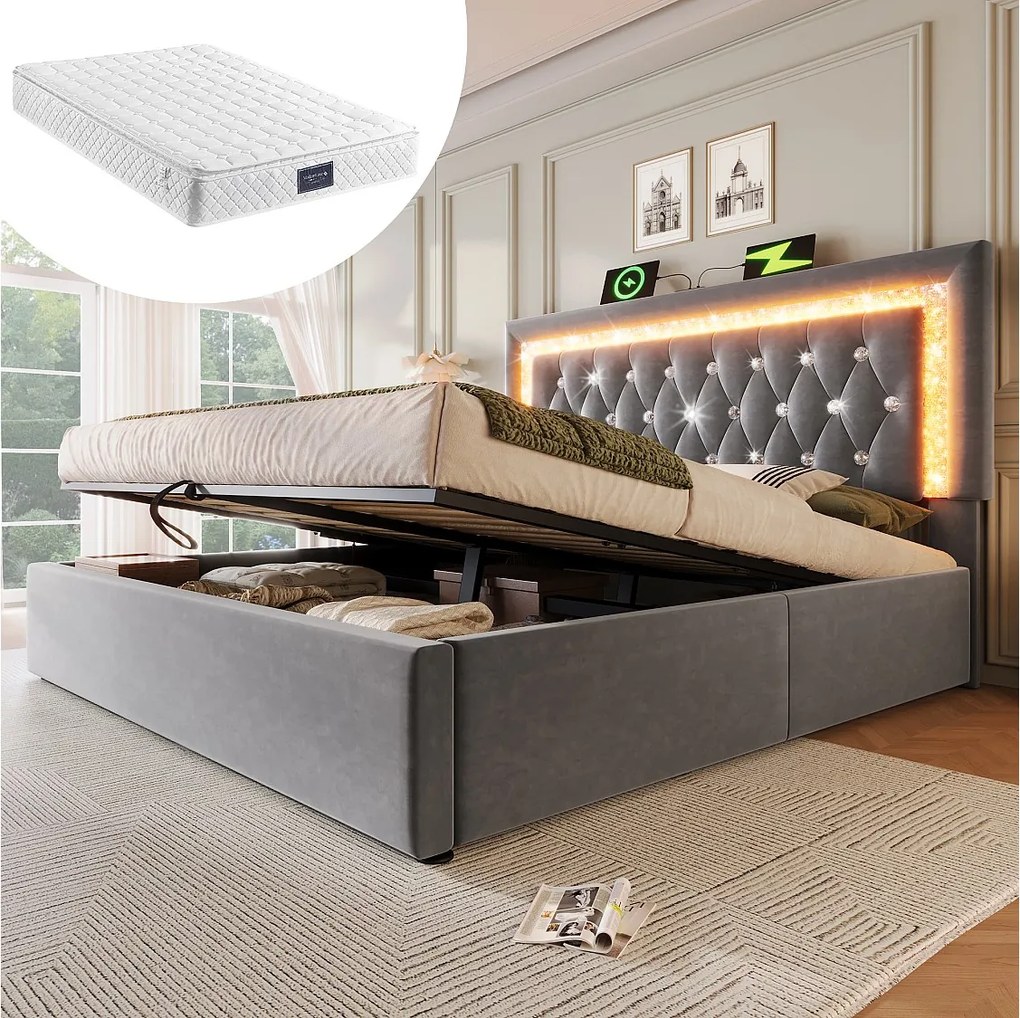 Łóżko tapicerowane dwuosobowe ze schowkiem - 140 x 200 cm - zagłówek z diodami LED + USB i Type-C - hydrauliczny schowek - welur - szary (z materacem)
