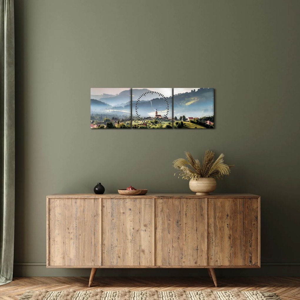 Obraz - wieś we mgle (z zegarem) (90x30 cm)