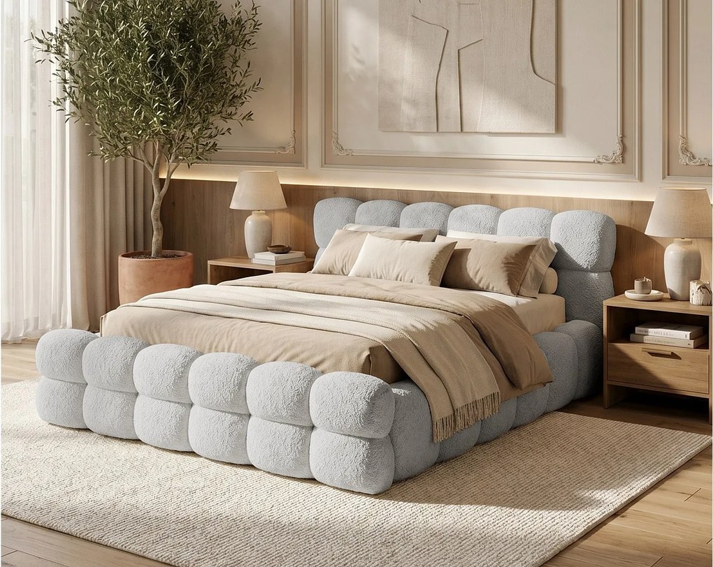 BESILIO Łóżko tapicerowane boucle 160x200 Roma - gruba pianka, pojemnik i stelaż - Jasnoszary