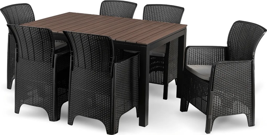 Zestaw Mebli Ogrodowych Stół ARGOS 140-180 cm Orzech/Czarny i 6x Fotel FRESNO Czarny Technorattan Nowoczesny