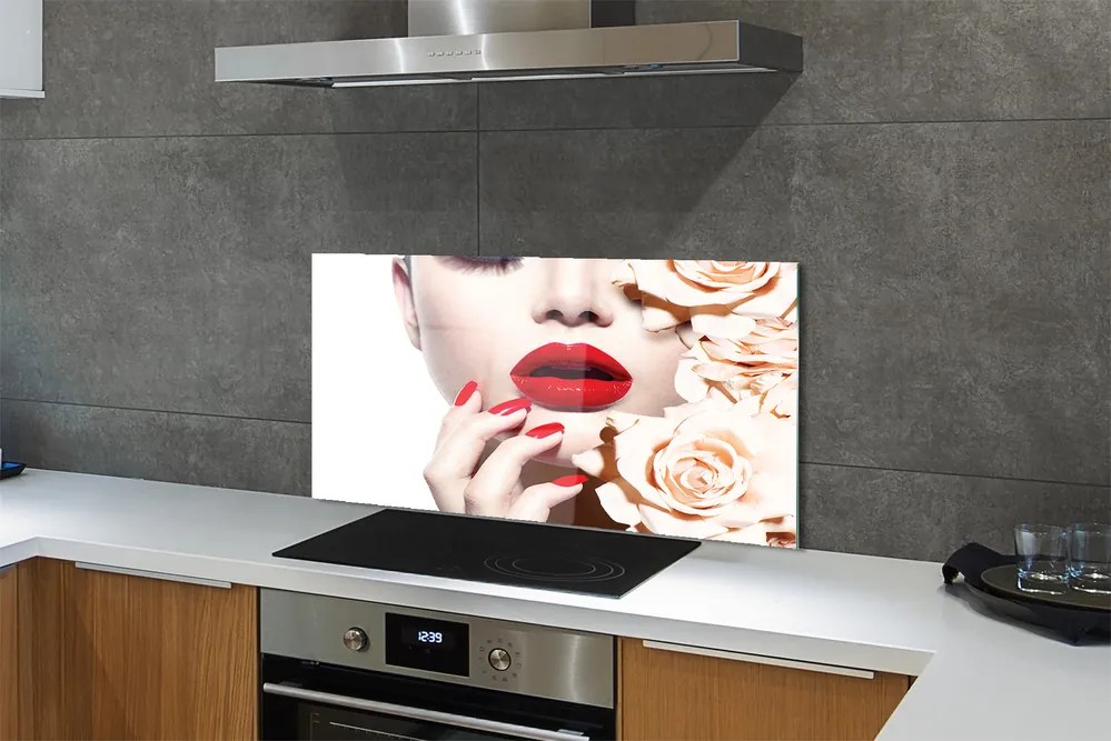 Szklany Panel Róże i Czerwone Usta Kobiety