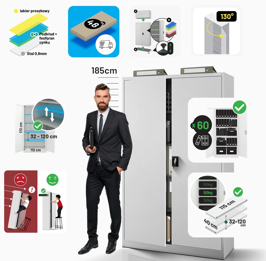 Szafa biurowa metalowa na akta szara JAN II, 1150 x 1850 x 400 mm