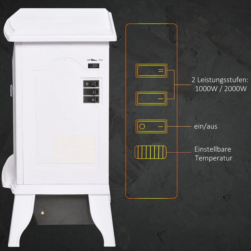 HOMCOM Wolnostojący kominek elektryczny, efekt płomieni, 2 tryby grzania 1000 W/2000 W, hartowane szkło, biały, 36,5x24x45,5 cm | Aosom PL