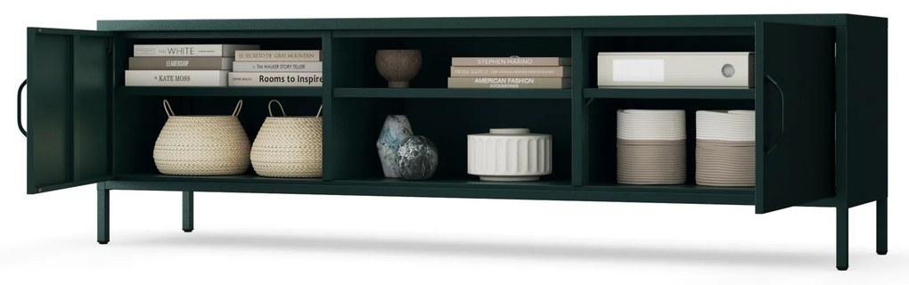 Szafka RTV metalowa szeroka XL na nóżkach butelkowa zieleń, 1700x400x500 mm: ROSARIA