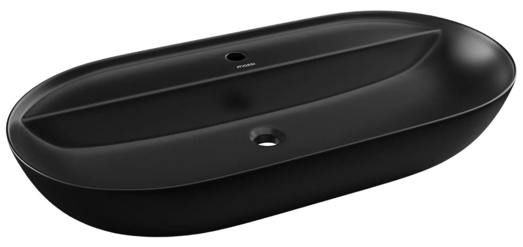 Umywalka ceramiczna nablatowa owalna czarna z otworem i z półką na mydło 80 x 40 cm DECOS Black z rantem Slim