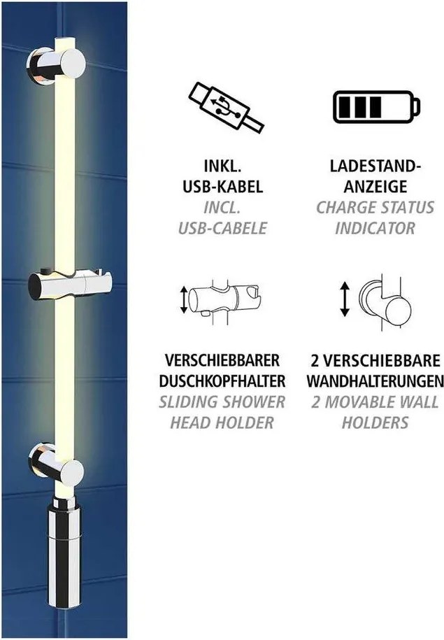 Prysznicowy drążek ścienny w kolorze srebra 74 cm LED – Wenko