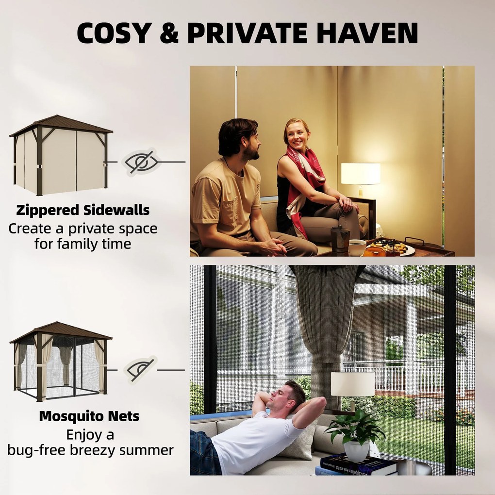 Outsunny Pawilon ogrodowy ok. 3 x 3 m aluminiowy z twardym dachem, moskitierą i 4 ścianami bocznymi, UPF50+ | Aosom PL