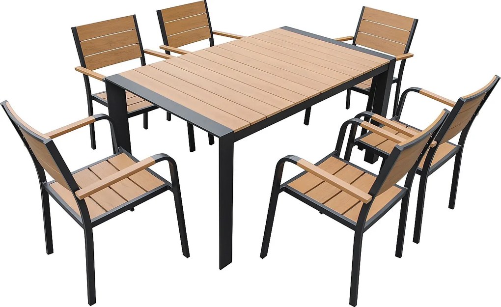 Zestaw ogrodowy aluminiowy : stół dł. 150 cm i 6 krzeseł z możliwością sztaplowania - Jasny naturalny i antracytowy - NYROS od MYLIA