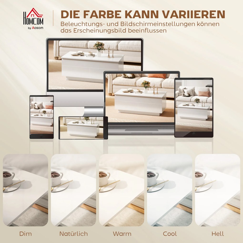 HOMCOM Stolik kawowy regulowany, nowoczesny stolik do salonu z ukrytym schowkiem i 2 szufladami, biały wysoki połysk | Aosom PL