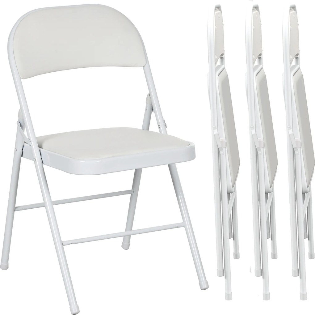 HOMCOM Zestaw 4 Składanych Krzeseł, Przenośne Krzesła Biurowe, Nogi Metalowe, Składane do Biura, Recepcji, Poczekalni, Skaj, Biały