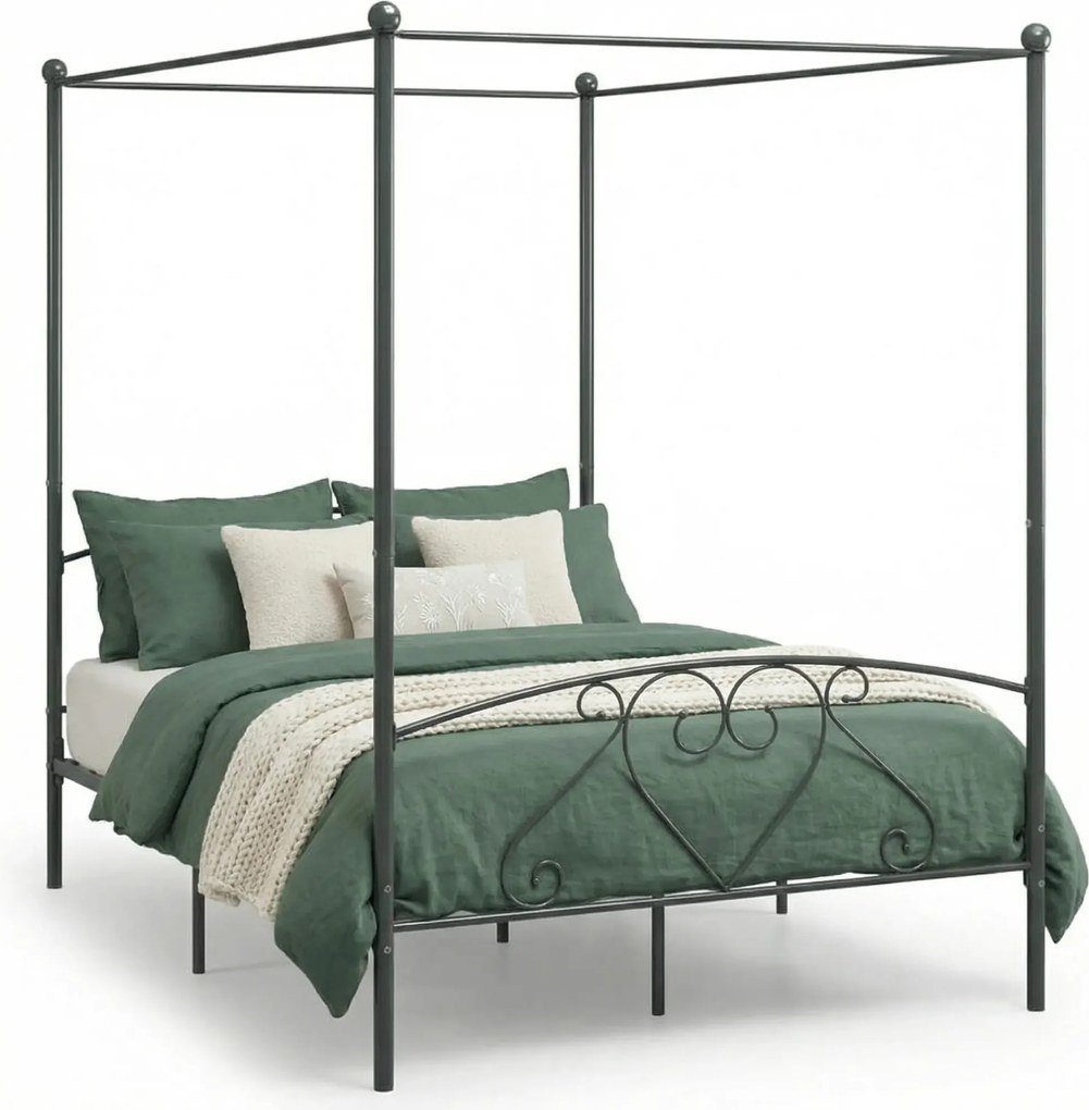 Szare metalowe łóżko z baldachimem 160x200 cm E0-P12