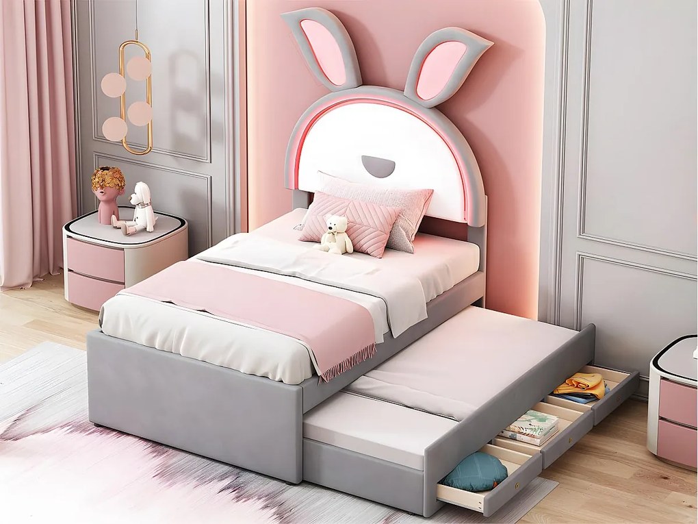 Łóżko dziecięce 90x200cm z weluru - łóżko z wysuwanym drugim łóżkiem i 3 szufladami oraz kolorowymi światłami LED - Szare