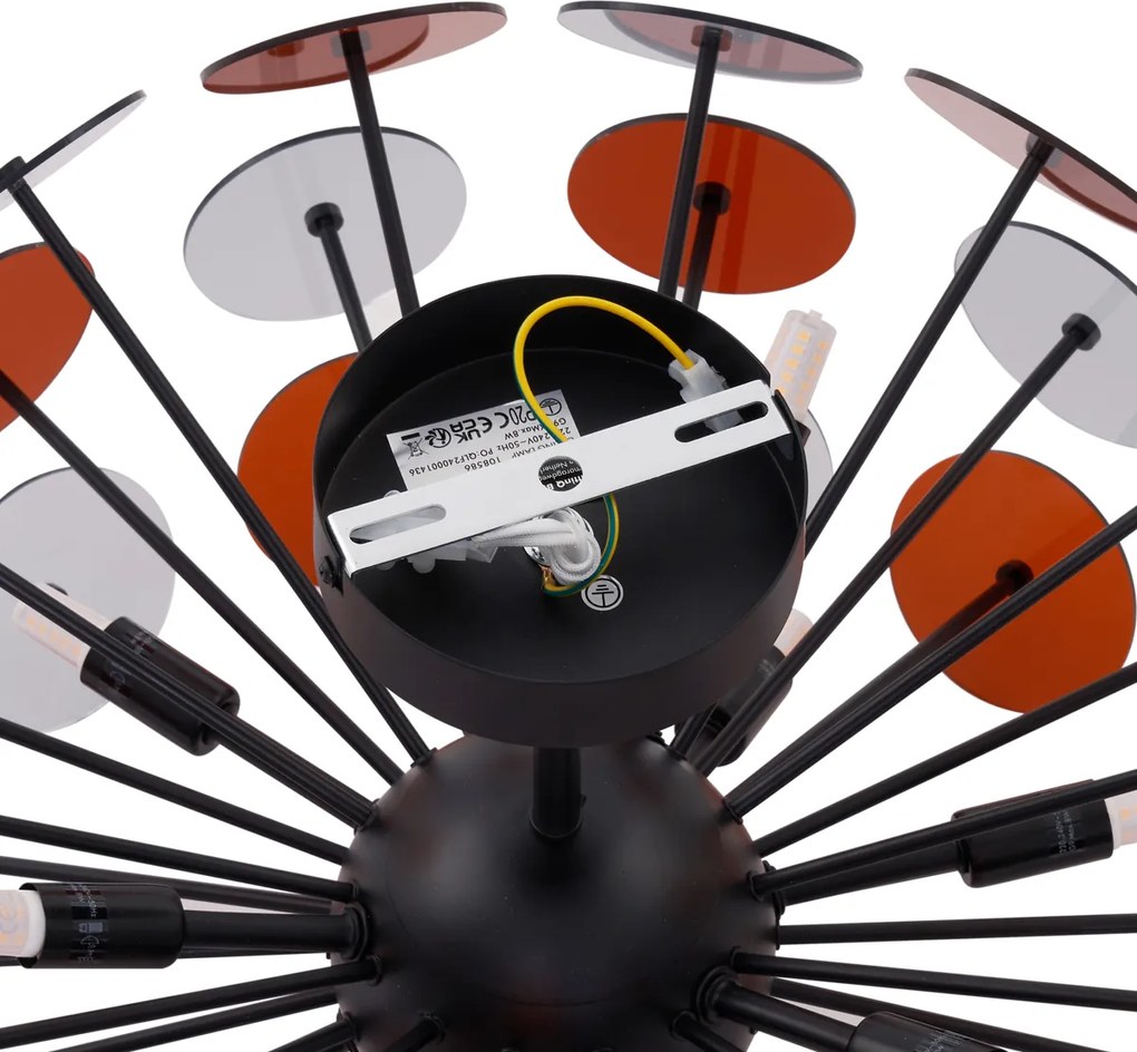 Lampa sufitowa w stylu art deco, czarna z bursztynowym i dymionym szkłem - Atomic