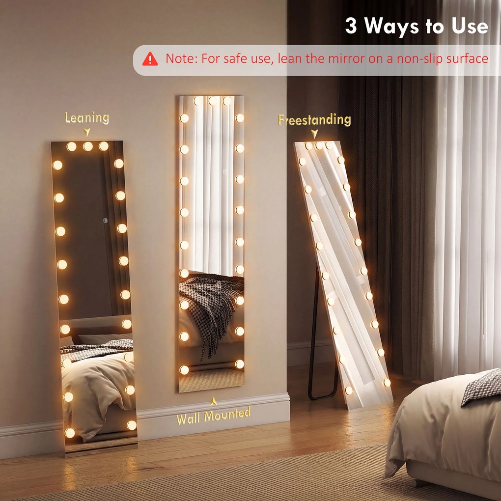 HOMCOM Lustro całopostaciowe 150x40 cm RGB-LED stojące z 21 żarówkami, 7 kolorów światła, przycisk dotykowy, funkcja pamięci | Aosom PL