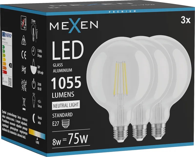Mexen Vintis 3x żarówka filament LED E27, G125, 8W, Neutralna - 4000K, 1055 lm, clear - L158-E27-0840-00x03