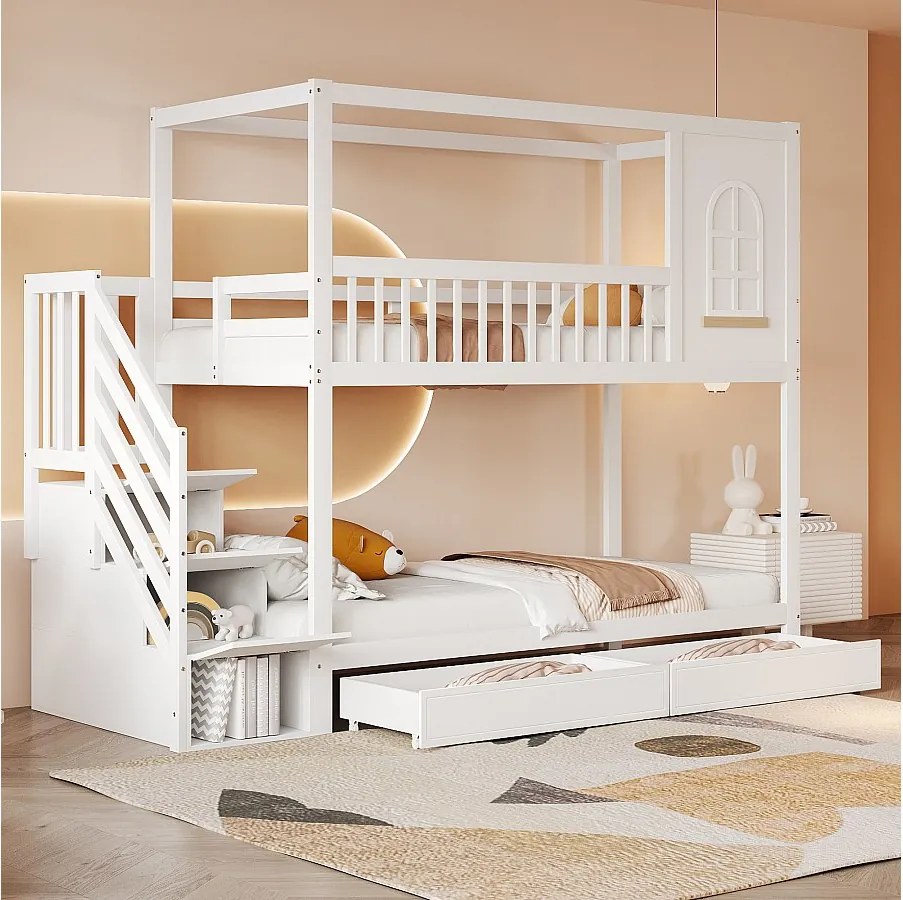 Łóżko piętrowe 90x200 cm – Łóżko dziecięce z drabinką i 2 szufladami – białe