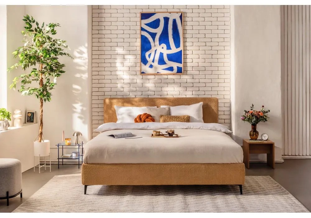 Tapicerowane łóżko dwuosobowe z materacem i siatką 180x200 cm w kolorze musztardowym Noira Slim - Bonami Selection