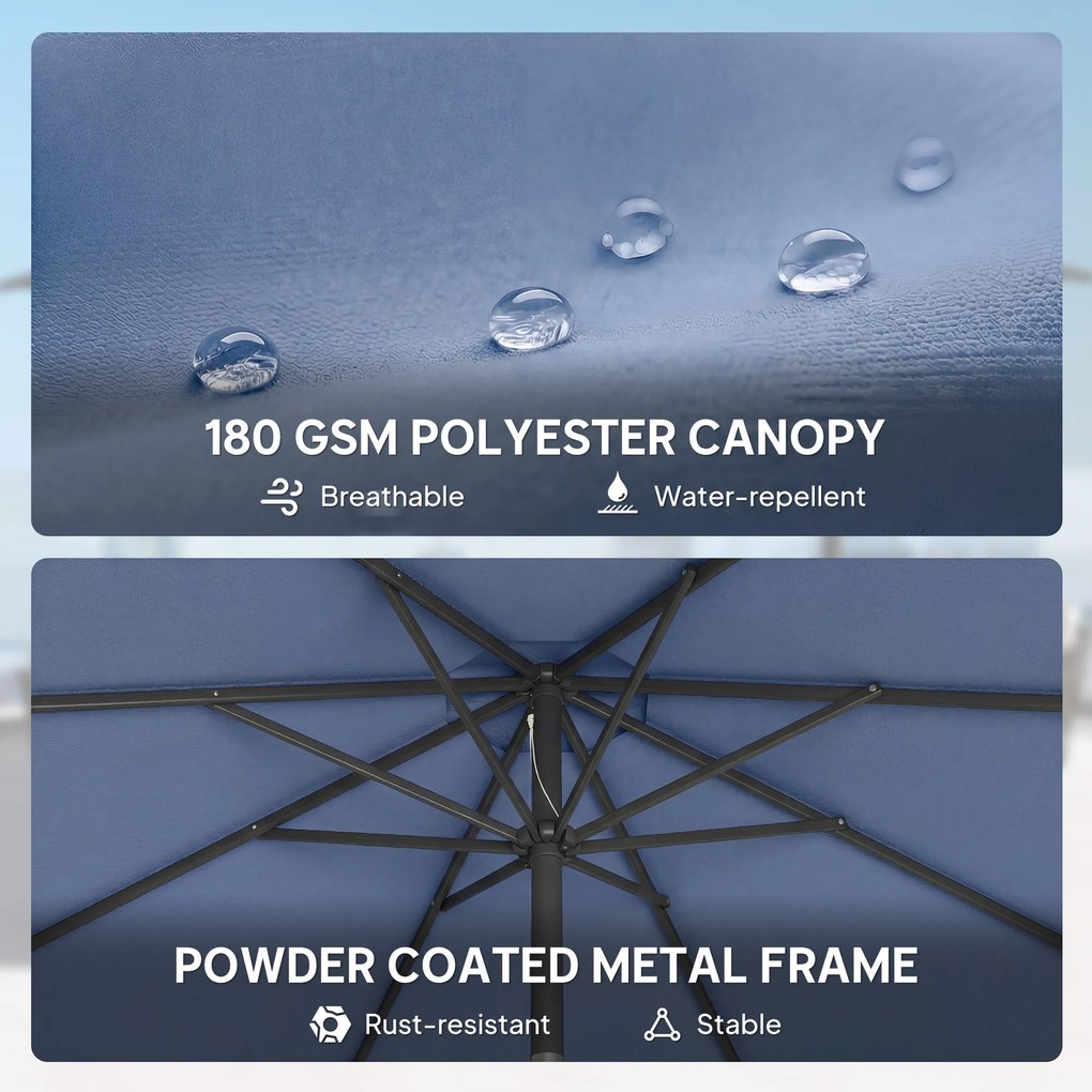 Outsunny Parasol przeciwsłoneczny Ø295 cm, UV 30+ Okrągły parasol balkonowy, plażowy, ogrodowy, niebieski | Aosom PL