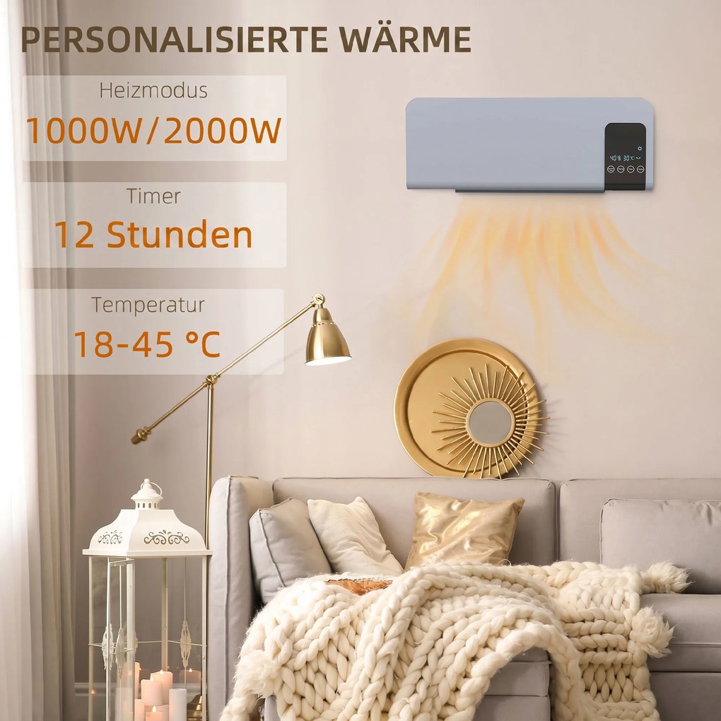 HOMCOM Elektryczne ogrzewanie, montaż na ścianie, funkcja oscylacji, 2 tryby, timer, wyświetlacz LED, szary | Aosom PL