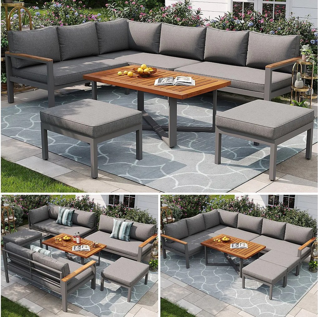 Zestaw mebli ogrodowych modułowych z ocynkowanego żelaza: 3 sofy dwuosobowe + 2 ławki + 1 stolik kawowy - Szary