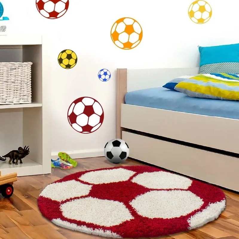 Dywan dziecięcy Shaggy Fun kremowo-czerwony piłka 120 cm x 120 cm koło