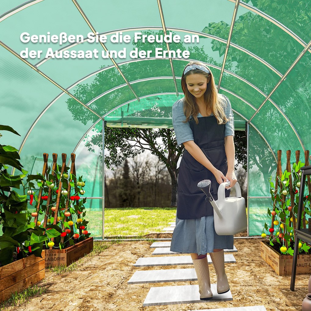 Outsunny Szklarnia Polytunelowa z pokryciem z tworzywa i ramą stalową, beżowa szklarnia z rolowanymi drzwiami, Zielona