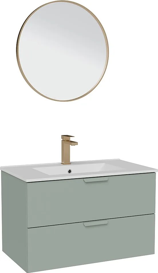 Wisząca szafka łazienkowa z umywalką wpuszczaną w blat, baterią i lustrem – Szałwiowa zieleń – Szer80 cm – AVORELI