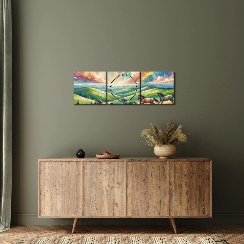Obraz – Konie galopujące przez krajobraz (z zegarem) (90x30 cm)