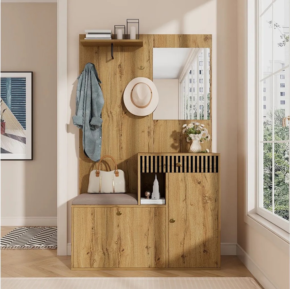 Wieszak na ubrania do przedpokoju z ławką na buty i lustrem, miejsce do przechowywania - Naturalny