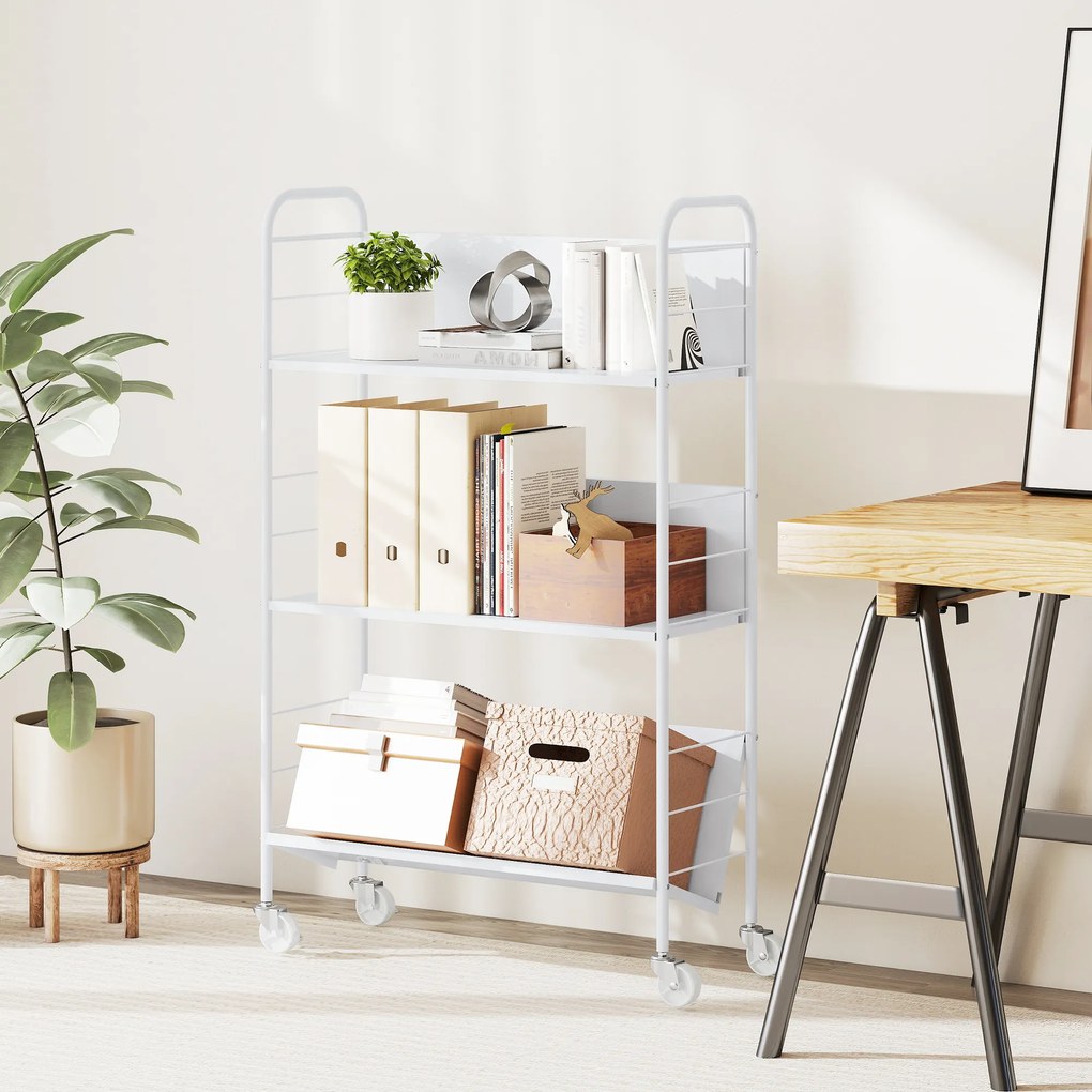 HOMCOM Regał na książki Regał do przechowywania z 3 półkami, na kółkach, regał na zabawki do sypialni, 69 x 26 x 108 cm, biały