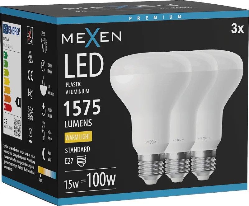 Mexen Nova 3x żarówka LED E27, R80, 15W, Ciepła - 3000K, 1575 lm - L105-E27-1530-01x03