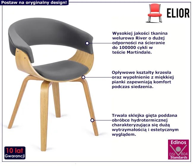 Szare loftowe krzesło tapicerowane z weluru A0-F30