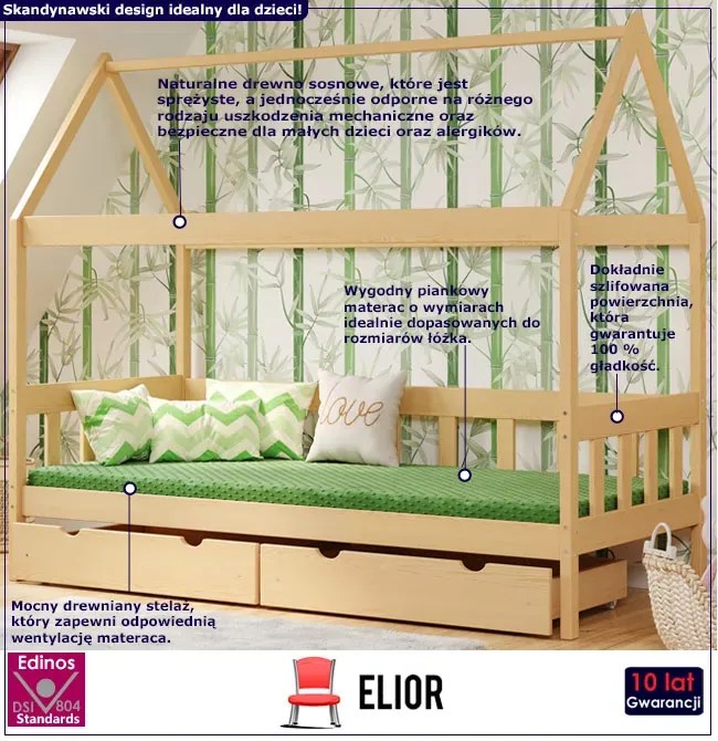 Łóżko domek dla dziecka z 2 szufladami, sosna - Laros 4X 160x80 cm