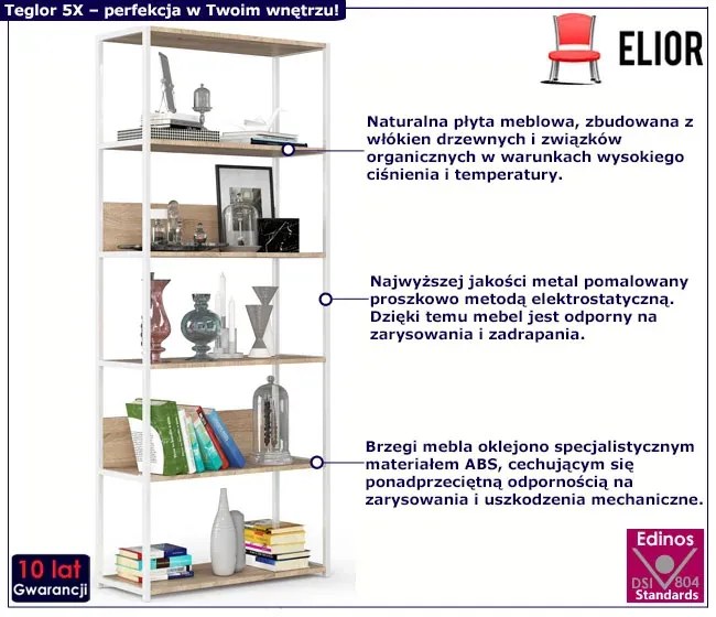 Szeroki regał metalowy biały + dąb artisan - Shira 5X