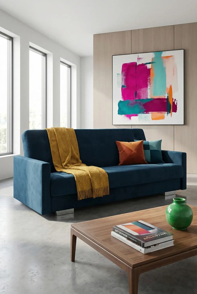 Niebieska tapicerowana wersalka z funkcją spania K2-D64