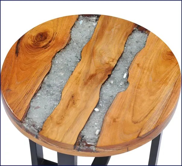 Stolik kawowy z drewna z kawałkami szkła w żywicy N1-E72