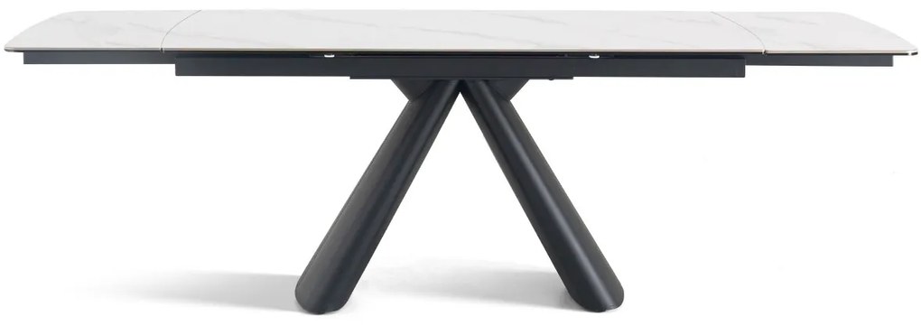 Elegancki stół z białym ceramicznym blatem na hartowanym szkle. Metalowa podstawa z czarnej stali nadaje mu nowoczesny charakter i wyjątkową trwałość.