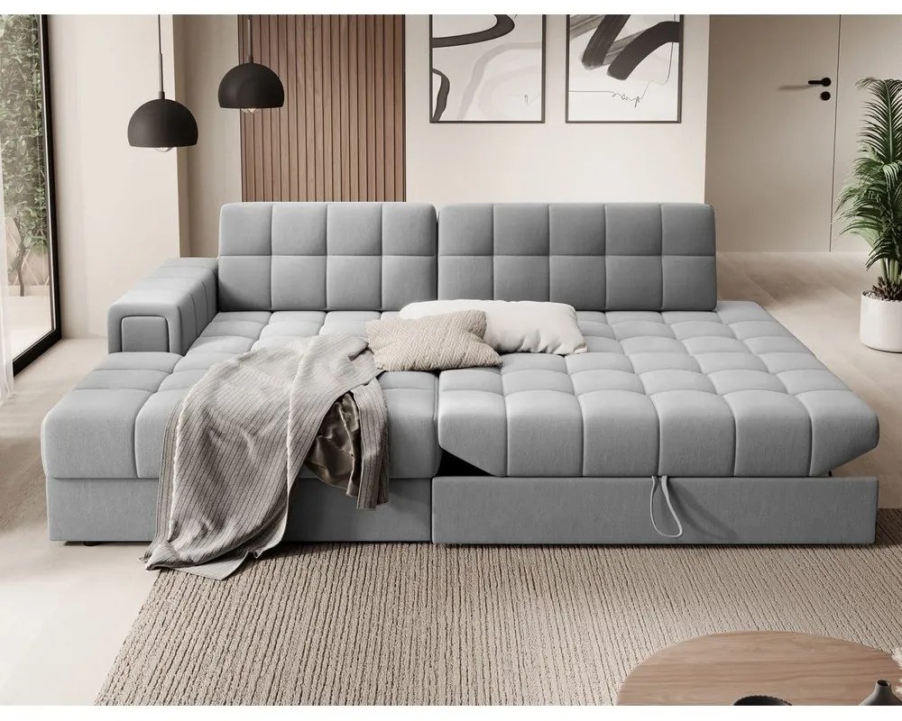 Szary aksamitny rozkładany narożnik (lewostronny/z szezlongiem) Blezalt – ELTAP