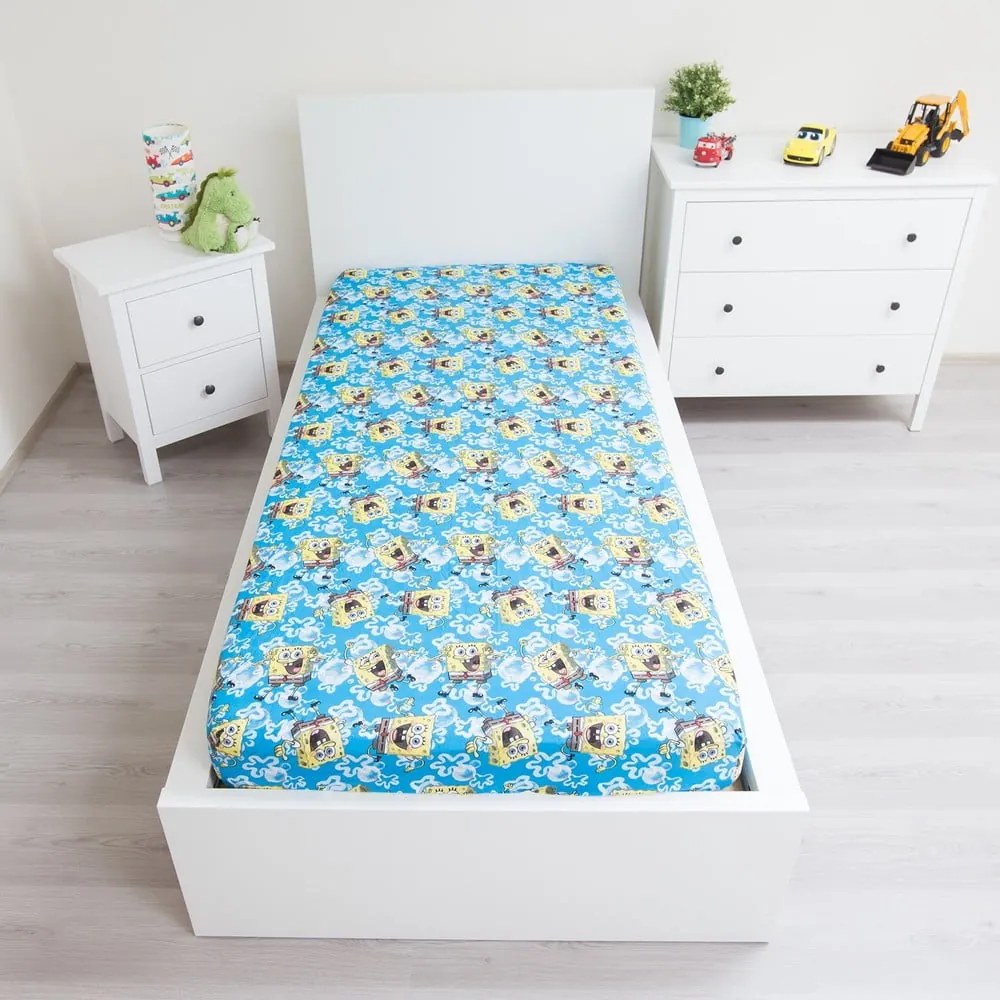 Niebieskie bawełniane prześcieradło dziecięce z gumką 90x200 cm Sponge Bob "Blue" – Jerry Fabrics