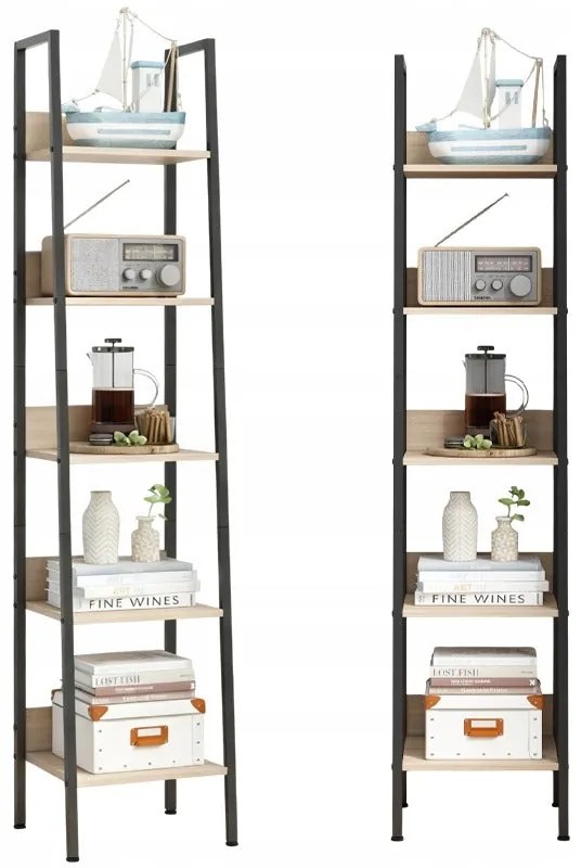 Industrialny wysoki regał stojący jasny brąz 5 półek drabinka na książki