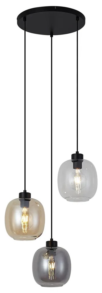 Lampa wisząca czarna z bursztynowym, przydymionym i przezroczystym szkłem 3-źródła światła - Elena