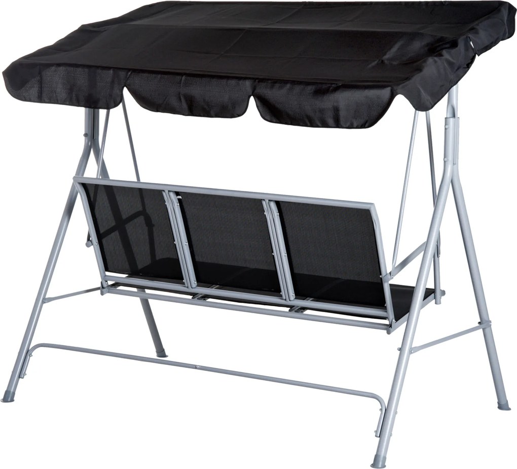 Outsunny Huśtawka Ogrodowa z Daszkiem 3 Osobowa Metalowa Czarno Srebrna Ławka Bujana z Ochroną Przed Słońcem 171x108x154cm | Aosom PL
