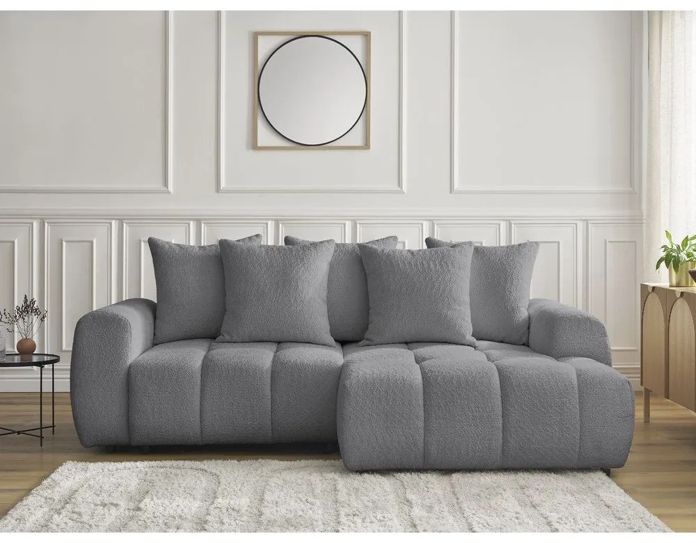 Szary rozkładany narożnik z materiału bouclé ze schowkiem (prawostronny/z szezlongiem) Roxelane – Bobochic Paris