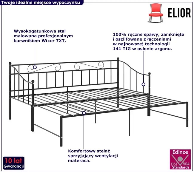 Czarne rozkładane łóżko metalowe 90x200 cm Zena