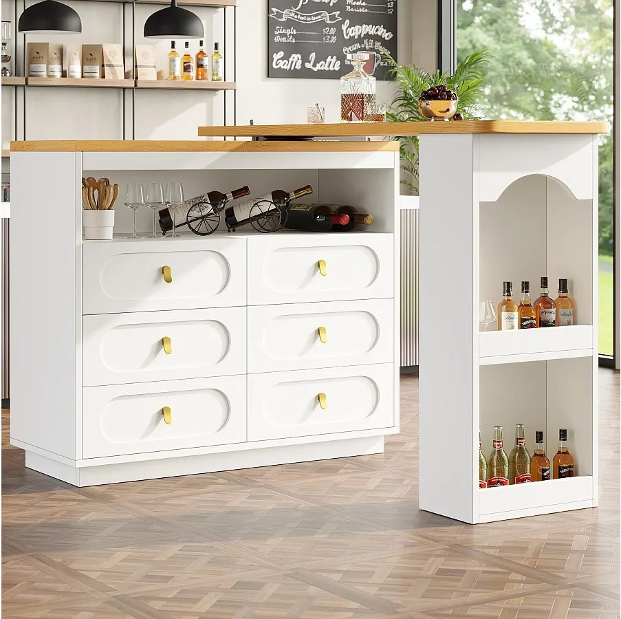 Biała kredens, kredens kuchenny z wysuwanym blatem, 6 szufladami i otwartą przestrzenią do przechowywania - MDF