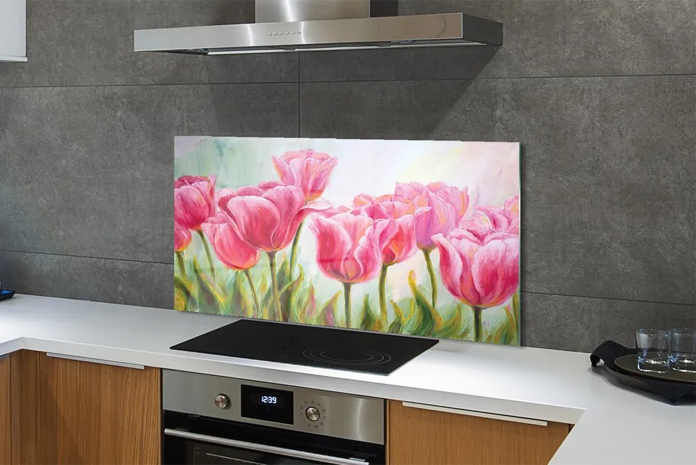 Szkło Ozdobne do Kuchni Malarski Obraz Tulipanów