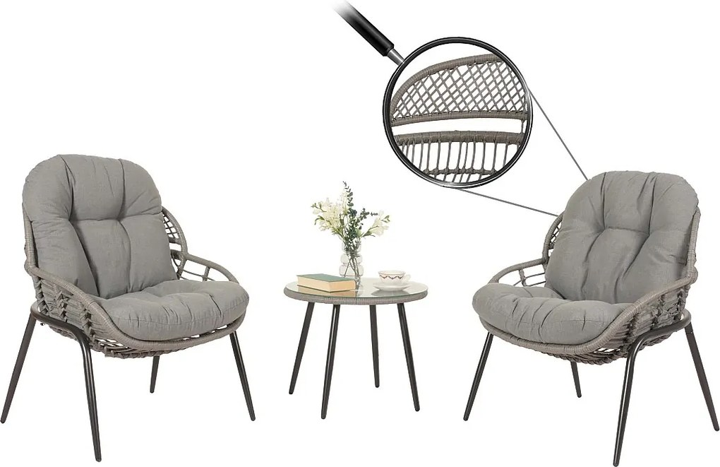 Zestaw polirattanowy MCW-N33 (3-częściowy),  szary, tapicerka ciemnoszara